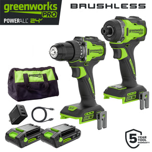 Greenworks 24V PowerAll Pro 530 in-lb Drill Driver and 2,200 in-lb Impact Driver Combo Kit, with (2) 2.0 Ah Batteries, Charger and Bag $131.75
