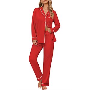 Ekouaer Women's Pajama Sets Button Down Long Sleeve Top & Pants Sleep sets $12.99