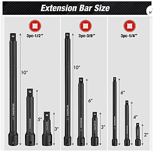 WORKPRO 9PC Impact Socket Driver Extension Bar Set 1/4" 3/8" 1/2 Drive Extension $12.57 AC @ebay