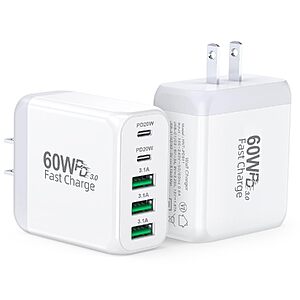 2-Pack 60W 5-Port USB-C Wall Charger Block w/ PD & Quick Charge 3.0 $8.49 + Free Shipping w/ Prime or on $35+