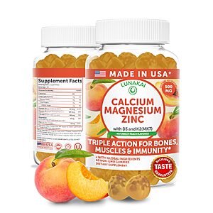 Lunakai USA Made Calcium Magnesium Zinc Gummies with Vitamin D3 & K2, 60ct | Delicious 5-in-1 Supplement for Daily Bone, Muscle & Immune Support for Women, Men & Kids $7.93
