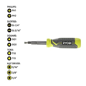 RYOBI 11-in-1 Multi-bit Screwdriver with Cushion Grip Handle $12.97