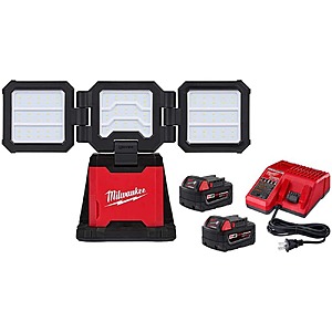 Milwaukee M18 18-Volt Lithium-Ion Cordless 4500 Lumens ROVER Dual Power Triple-Panel Light with Two 5.0Ah Batteries and Charger $199