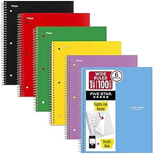 $10.30 | 6-Pack Five Star Spiral Notebooks + Study App (8-1/2" x 10", 100 Sheets) at Amazon
