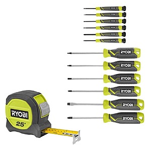 $27.97, FS, RYOBI 25 Ft. Compact Tape Measure with Screwdriver Set (12-Piece) with Cushion Grip Handles