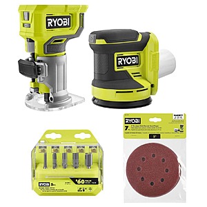$105.47: RYOBI ONE+ 18V Cordless 2-Tool Combo Kit w/ Compact Fixed Base Router & 5 in. Random Orbit Sander (Tools Only) w/ Accessories