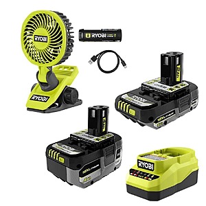 $99: RYOBI ONE+ 18V Lithium Starter Kit w/ (1) 2Ah Battery, (1) 4Ah Battery & Charger w/ USB Lithium Clamp Fan Kit at HomeDepot