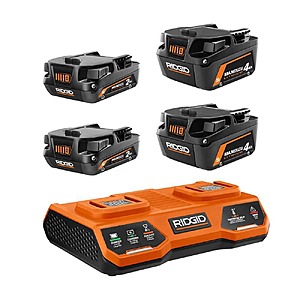 $159: RIDGID 18V Starter Kit with 2Ah MAX Output Battery, 4Ah MAX Output Battery, and Dual Port Charger at HomeDepot