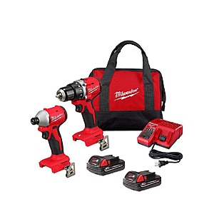 $179, FS, Milwaukee M18 18V Lithium-Ion Brushless Cordless Compact Drill/Impact Combo Kit (2-Tool) w/(2) 2.0 Ah Batteries, Charger & Bag
