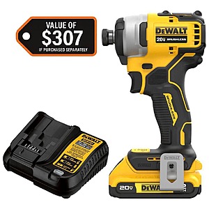 Dewalt Atomic 20V Max Lithium-Ion Brushless Cordless Compact 1/4 in. Impact Driver Kit with 2.0Ah Battery and Charger $99
