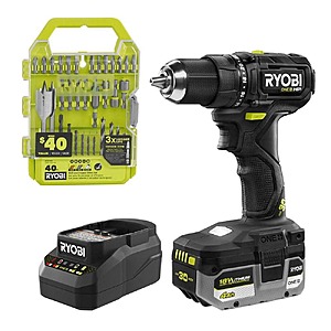 RYOBI ONE+ 30th Anniversary 18V Brushless Compact 1/2" Drill/Driver Kit w/ 4Ah Battery, Charger & 40PC Drill/Impact Drive Kit $108.97