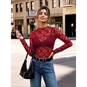 GRACE KARIN Mock Neck Lace Long Sleeve Top $4.99