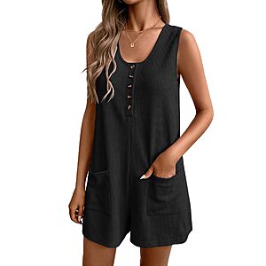 Ekouaer Women's Button Up Sleeveless Waffle Knit Romper w/ Pockets (Black, Sizes Medium - XX-Large) $5.99 + Free Shipping w/ Prime or on $35+