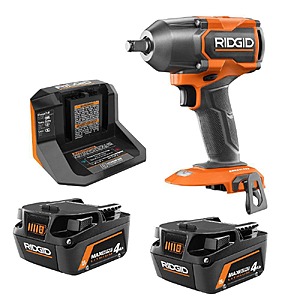 RIDGID 18V Starter Kit with 2 4.0 Ah MAX Output Batteries and Charger with Brushless Mid Torque Impact Wrench $149