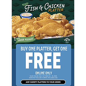 Long John Silvers - BOGO platters through 10/30 online orders only