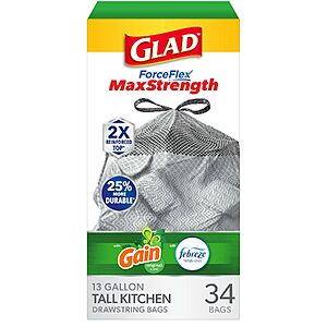 34-Count Glad ForceFlex MaxStrength 13-Gal Tall Kitchen Trash Bags (Gain Original) $6.19 w/ S&S + Free Shipping w/ Prime or on $35+