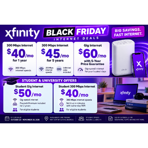 Xfinity BF Internet Deals: 300 Mbps from $40/mo, Gig Internet from $50/mo, 5-Year Price Guarantee & Student Offers