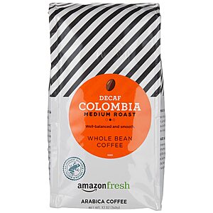 $6.64 S&S Amazon Fresh Decaf Colombia Whole Bean Coffee, Medium Roast, 12 Ounce Buy 4, save extra 10%