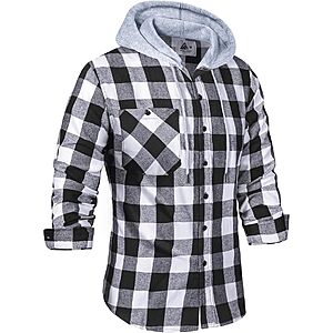 Men's Flannel Plaid Hoodie Long Sleeve Button Down Shirts with Flat Pocket $9.99 AC