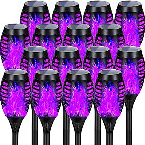 AOUNQ Purple Halloween Solar Lights Outdoor with Flickering Flame, 16 Pack | Halloween Decorations Solar Torch Lights $34.99 AC