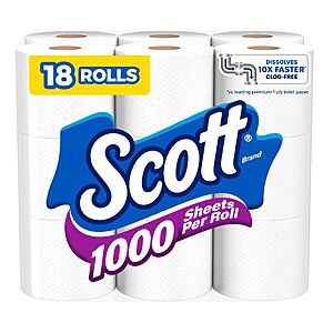 AMZ $15.19 for 18 Rolls or $26.38 for 36 Rolls Scott 1000 Toilet Paper,  , 1000 Sheets  S&S Multibuy