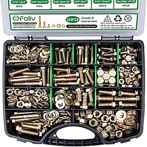 523-Piece Foliv Grade 8 Bolt, Nut & Washer Assortment Kit (1/4"-20, 5/16"-18 & 3/8"-16) $23.74 + Free Shipping w/ Prime or on $35+
