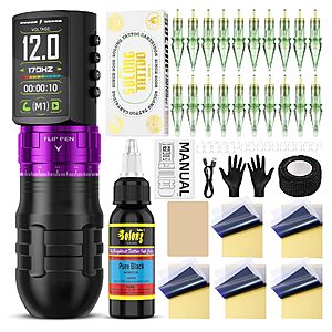 Effeer EF-TKE754A-4 Tattoo Kit: 2300mAh Tattoo Gun with 7 Adjustable Voltage and 2 Working Modes, 30ml Black Ink, 20 Tattoo Needles & Transfer Paper $22.99