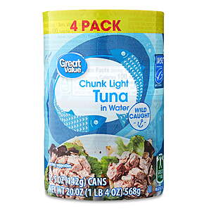 $19.58 FS WALMART+ (24 ea) Great Value Chunk Light Tuna in Water, 5 oz   ( 6 x 4 cans)