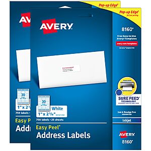 $13.85 AMAZON Avery® Easy Peel® Printable Address Labels, Sure Feed® Technology, 1" x 2-5/8" Customizable Stickers, White, 1,500 Blank Mailing Labels,