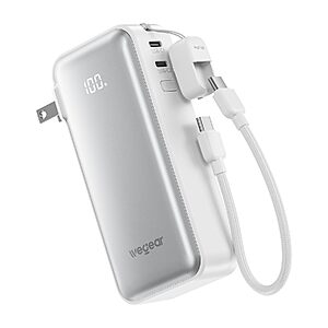 [Prime] wegear 10,000mAh 30W 3-in-1 Power Bank w/ Built-In Wall Plug & USB-C Lanyard (Silver) $21.99 + Free Shipping