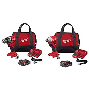 Milwaukee M18 18V Lithium Ion Brushless Cordless 1/2 in Compact Drill & Impact Driver w/(2) 2.0 Ah Batteries, Charger, Tool Bag $198