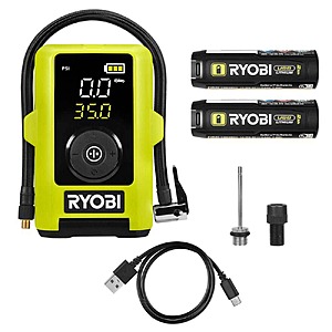 Ryobi USB Lithium Smart Tire Inflator Kit with (2) 2.0Ah Batteries and Charging Cable $49.98