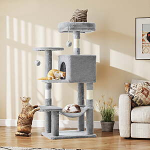 44" Multi-Level Cat Tree Tower with Sisal Scratching Post, Indoor Cat Climbing Tower with Ladder & Plush Toys for Rest & Play - $33.74