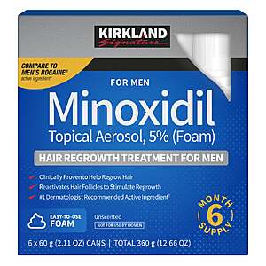 Kirkland Signature Hair Regrowth Treatment Minoxidil Foam for Men, 2.11 oz, 6-count $38,99 + $5.99 Shipping Costco.com
