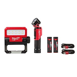 Milwaukee 550 Lumens LED REDLITHIUM USB Pivoting Flood Light and 500 Lumens LED Pivoting REDLITHIUM USB Flashlight (2-Pack) $99