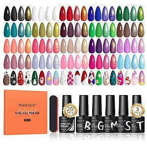PEACECOLOR 25 PCS Gel Nail Polish Set, 20 Classic Colors with Base Top Coat | 20 Nude Pink White Green Red Colors,5 PCS Glossy/Matte/Glitter Top Base Coat Manicure Kit