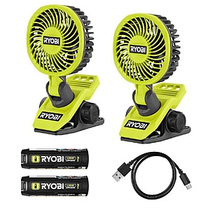 $49.88: RYOBI USB Lithium Clamp Fan 2-Pack with (2) 2.0Ah Batteries & Charging Cable at HomeDepot