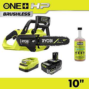 $189: RYOBI ONE+ HP 18V Brushless 10 in. Battery Chainsaw with 24 oz. Biodegradable Bar and Chain Oil, 4.0 Ah Battery and Charger