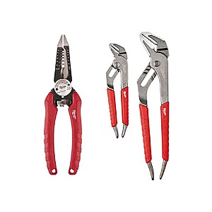$31.97, FS, Milwaukee 7.75 in. Combination Electricians 6-in-1 Wire Strippers Pliers and 6 in. and 10 in. Straight-Jaw Pliers Set (3-Piece)