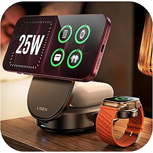 LISEN Qi2.2 25W 3-in-1 Wireless Charging Station for iPhone, Apple Watch & AirPods $23.99 + Free Shipping w/ Prime or on $35+