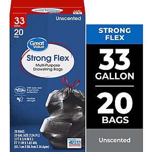 (4 pack) Great Value Strong Flex Multi-Purpose Drawstring Trash Bags, 33 gal, 20 Bags $21.06