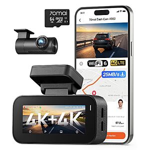 70mai A900 Dual 4K Front & Rear Dash Cam w/ WiFi 6, GPS, Night Vision & 64GB Card $139.98 + Free Shipping