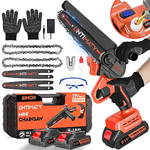 UNTIMATY Mini 6 Inch 21V Cordless Electric Chainsaw with 2 Batteries & Chains - $29.98