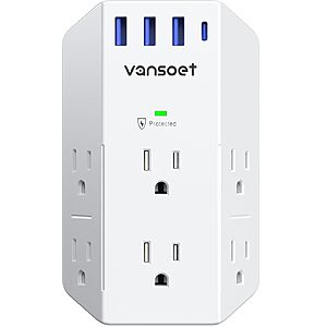 Vansoet 6 Outlet Splitter with 4 USB Ports 2100J Surge Protector Power Strip - $9.99 AC