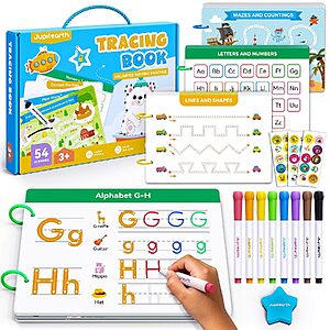 JUPITEARTH 54-Page Reusable Dry-Erase Kids Tracing Book w/ Markers & Stickers $11.19 + Free Shipping w/ Prime or on $35+