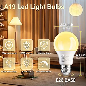 TJOY 6 Pack A19 LED Light Bulbs, Soft Warm White 2700K, 60 Watt Eq,E26 Base | Efficient 9W, Standard Light Bulb for Lamps $9.98