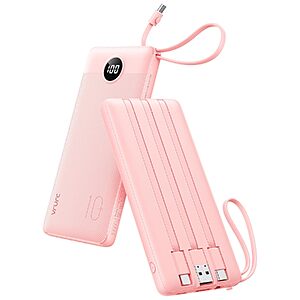 [Prime] Vrurc 10,000mAh Slim Portable 12W Power Bank w/ 4 Built-In Cables & LED Display (Pink) $10.49 + Free Shipping