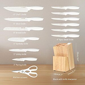 LIN ZHI REN 15-Piece Kitchen Knife Set with Block Sharpener $29.99