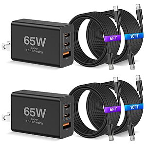 CSXZCOON 65W USB-C Super Fast Wall Charger 2-Pack w/ 2x 10ft & 2x 6ft USB-C to USB-C Cables $17.99 + Free Shipping w/ Prime or on $35+