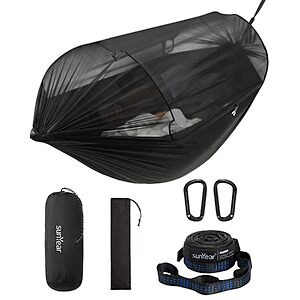 106 " Sunyear Single Camping Hammock w/ Tent-Style No-See-Um Net & Tree Straps (Black) $24.99 & More + Free Shipping w/ Prime or on $35+